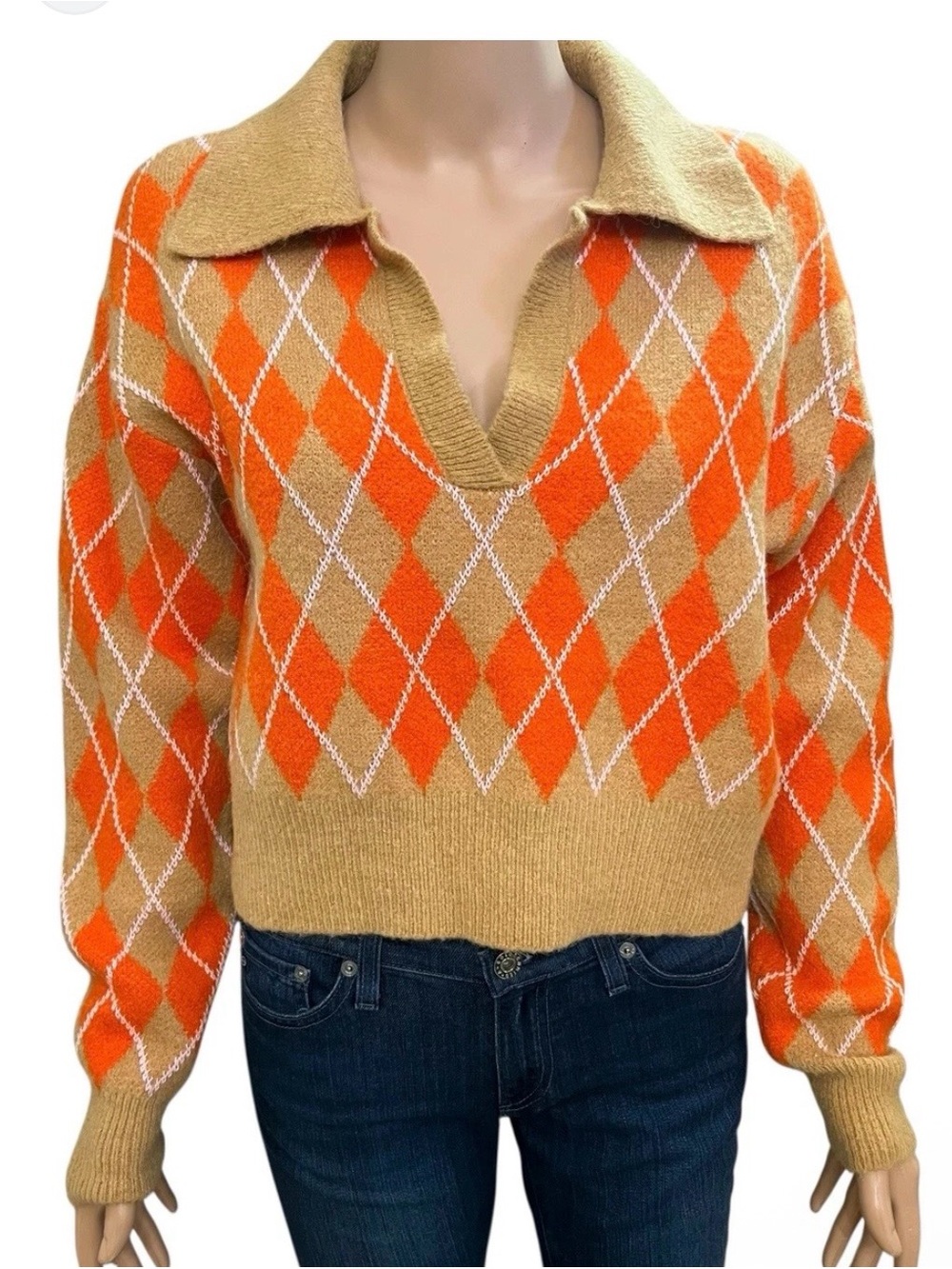 Zara Orange & Tan Argyle V-Neck Collared Sweater